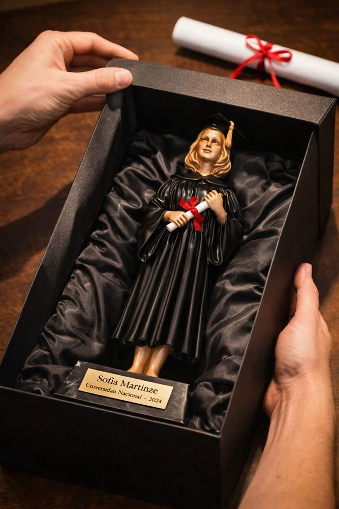 Marmolina de graduación dentro de su caja negra con forro satinado